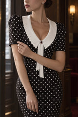 Retro Lapel Slim Polka Dot Maxi Dress