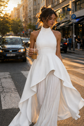 Halter Black White Contrast Pleated Prom Dress
