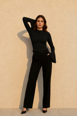 Solid Mock Neck Paneled Ruffled Long Sleeve Tee