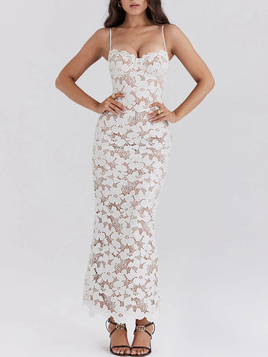 Stylish Sexy Lace Halter Neck See-Through Midi Dress