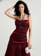 Asymmetrical Burgundy Ruffled Cami Party Dress