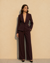 Vintage Deep V-Neck Fitted Waist Blazer Long Sleeve Two Piece Set