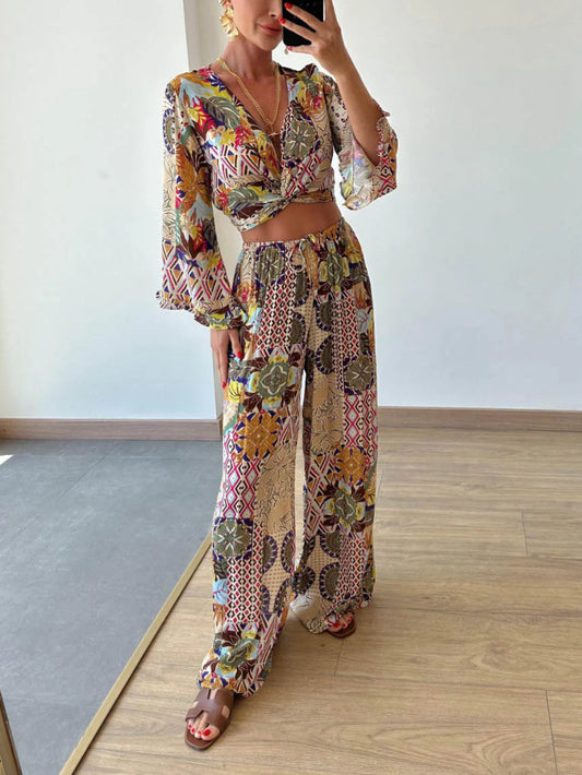 Retro Plant Print High-Waisted Wide-Leg Pants