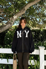Embroidered Floral Print Zip Hoodie