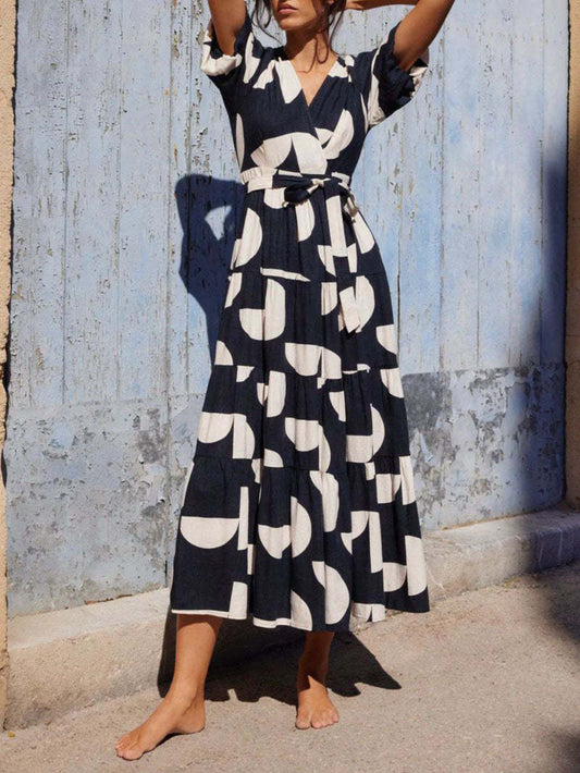 Puff Sleeve V-Neck Geometric Print Dress
