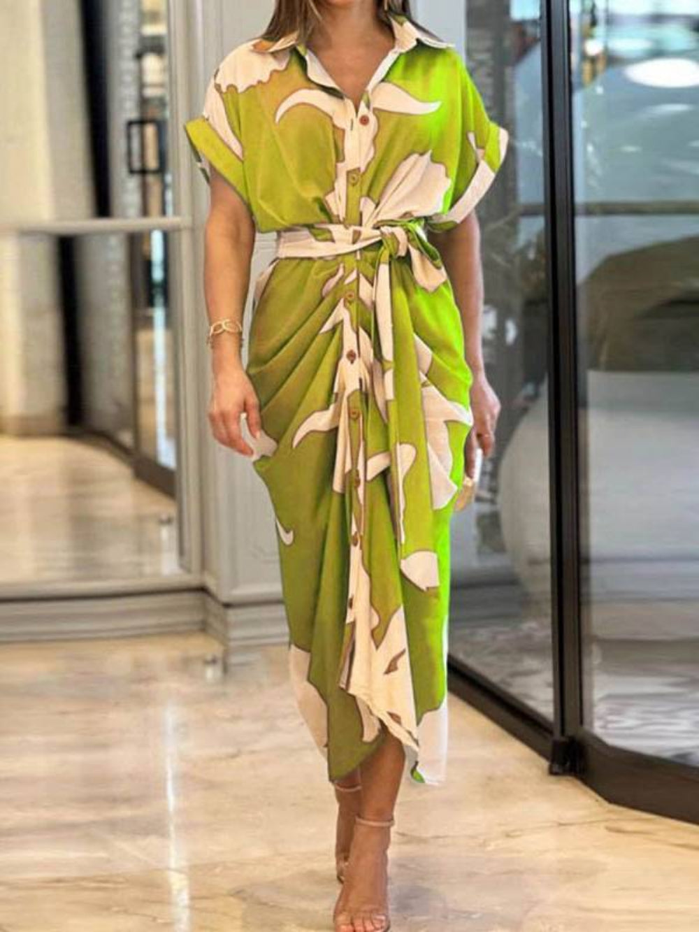 Pleated Belted Short Sleeve Dress