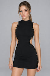 Sexy Eyelet Lace Up Crew Neck Solid Mini Dress