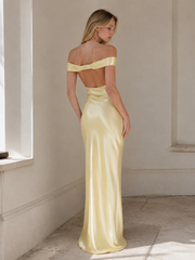 Vintage Satin Mermaid Off Shoulder Maxi Dress