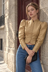 Pearl Button Satin Peplum Blouse