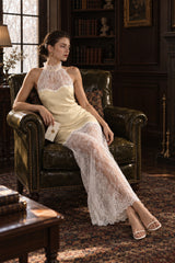 Chic Lace Trim Satin Halter Neck Slim Maxi Dress