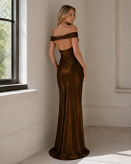 Vintage Satin Mermaid Off Shoulder Maxi Dress