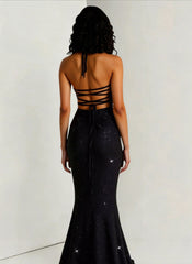 Solid Plunging Backless Slit Fitted Maxi Party Dress
