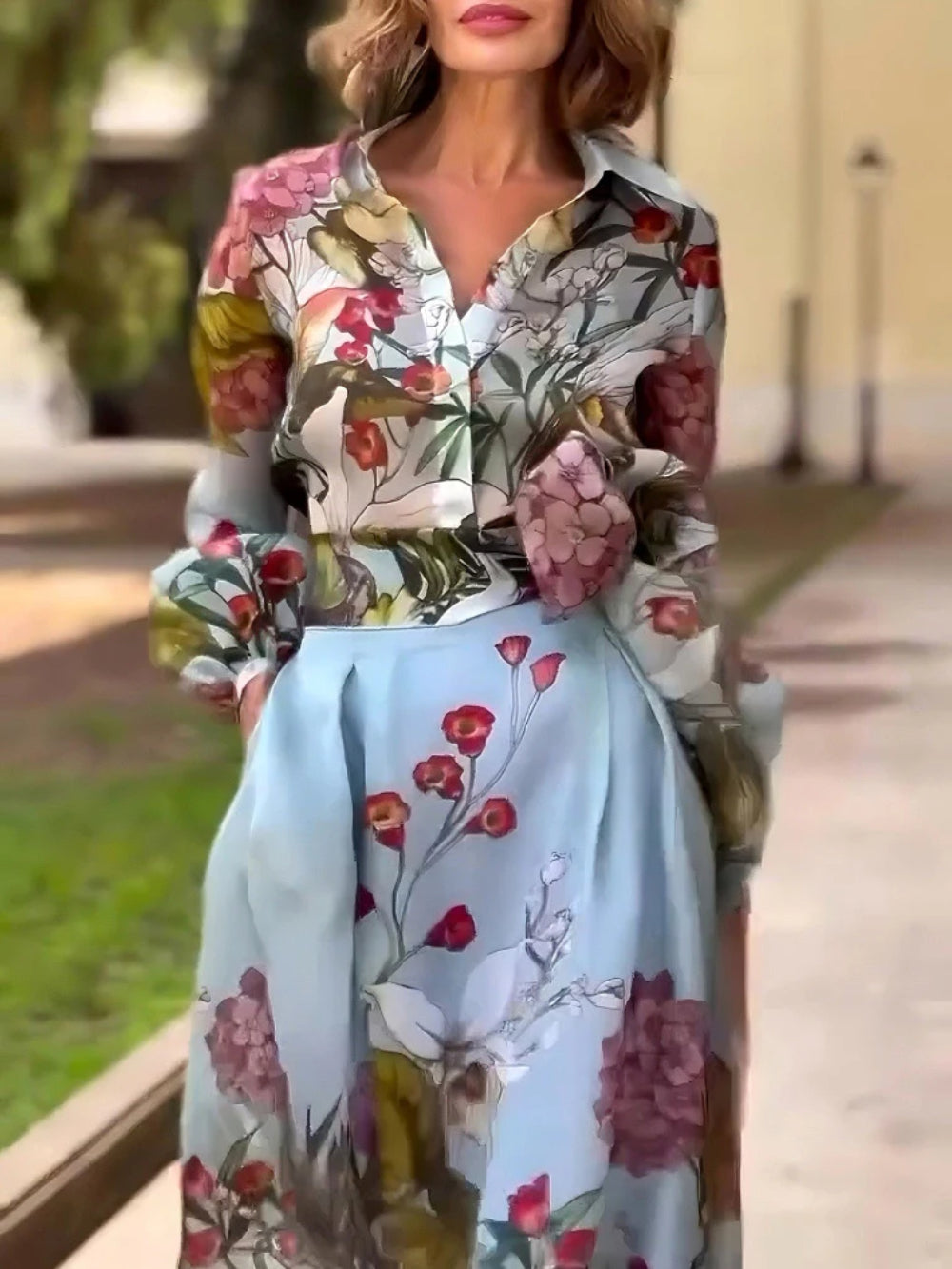 Watercolor Floral Print Shirt Set