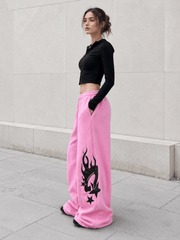Thickened Flame Print Drawstring Wide-Leg Pants