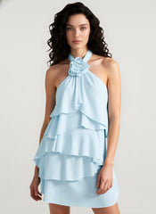 Halter Backless Floral Ruffle Mini Dress