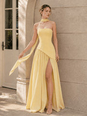 Solid Bustier High Slit Formal Dress