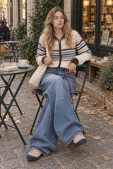 Plaid Panel Drawstring Barrel Jeans
