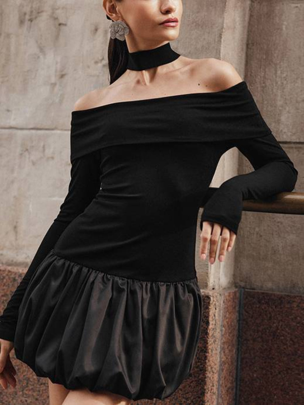 Off-Shoulder Ruffled Hem Mini Dress