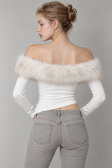 Fuzzy Long Sleeve Off Shoulder Asymmetric Long Sleeve Tee