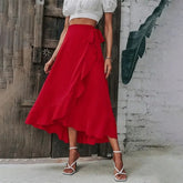 Red High Waist Boho Midi Skirt