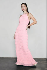 Open Back Ruched Stripe Tie Ruffle Maxi Vacation Dress