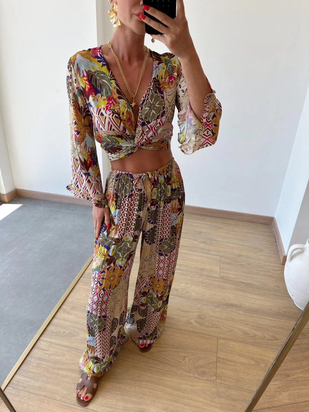 Retro Plant Print High-Waisted Wide-Leg Pants