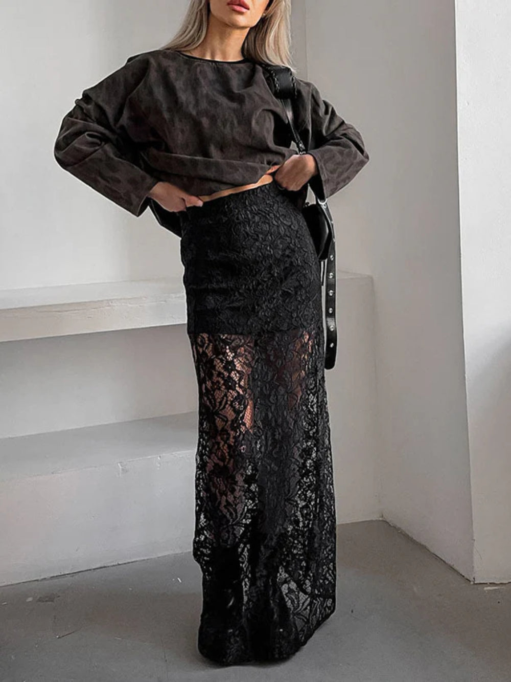 High Waist Lace Midi Skirt