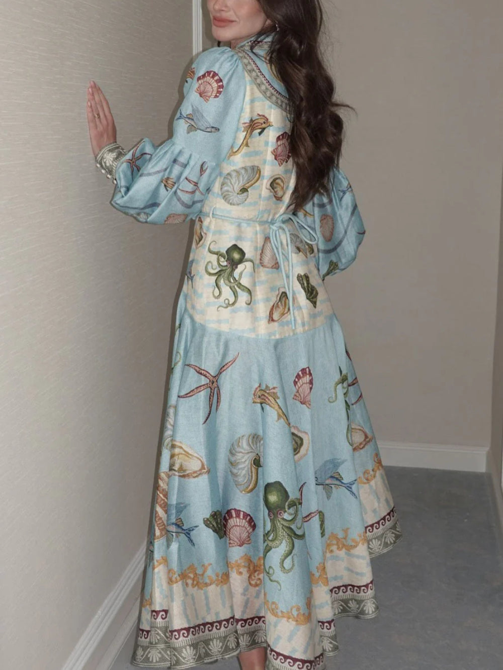 Deep Sea Floral Print Single-Breasted Midi Dress