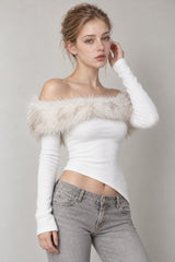 Fuzzy Long Sleeve Off Shoulder Asymmetric Long Sleeve Tee