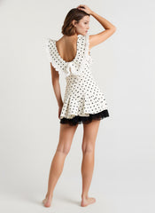 Vintage Polka Dot Bow Collar Ruffled Mini Dress