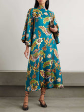 Exquisite Satin Garden Floral Print Trumpet Sleeve Maxi Dress