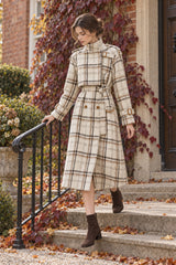 Autumn Winter Long Loose Warm Plaid Wool Blends Sleeve Belt Double Breasted Woolen Stylish Coat