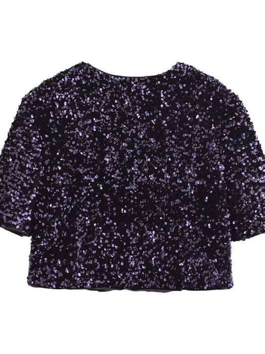 Short Sleeve Sequin Bow Blouse