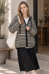 Contrasting Colors Striped Hooded Zipper Cardigan