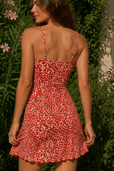 Stylish Red Printed Suspender Floral Dres