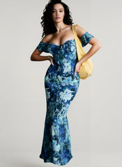 Tie Strapless Ruffled Print Sexy Bodycon Maxi Dress