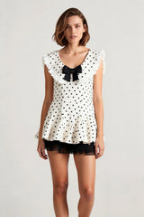 Vintage Polka Dot Bow Collar Ruffled Mini Dress