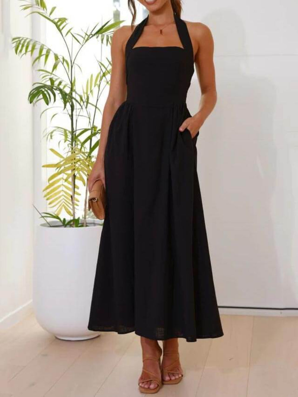 Chic Wide Strap Halter Backless Dress