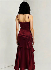 Asymmetrical Burgundy Ruffled Cami Party Dress