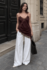 Lace Trim Patchwork Low Cut Asymmetrical Slit Cami Top