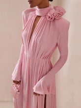 Hollow Deep V Halter Ruched Draped 3D Flower Maxi Dress