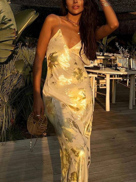 Party Gold Foil Backless V-Neck High-Waist Cami Dress