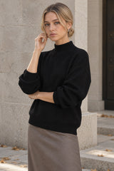 Shoulder Arm Turtleneck Knit Bubble Sweater Drop in Black
