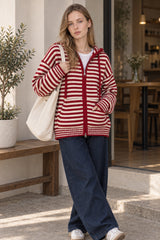 Contrasting Colors Striped Hooded Zipper Cardigan
