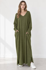 Slit Hem V Neck Sweatshirt Dress