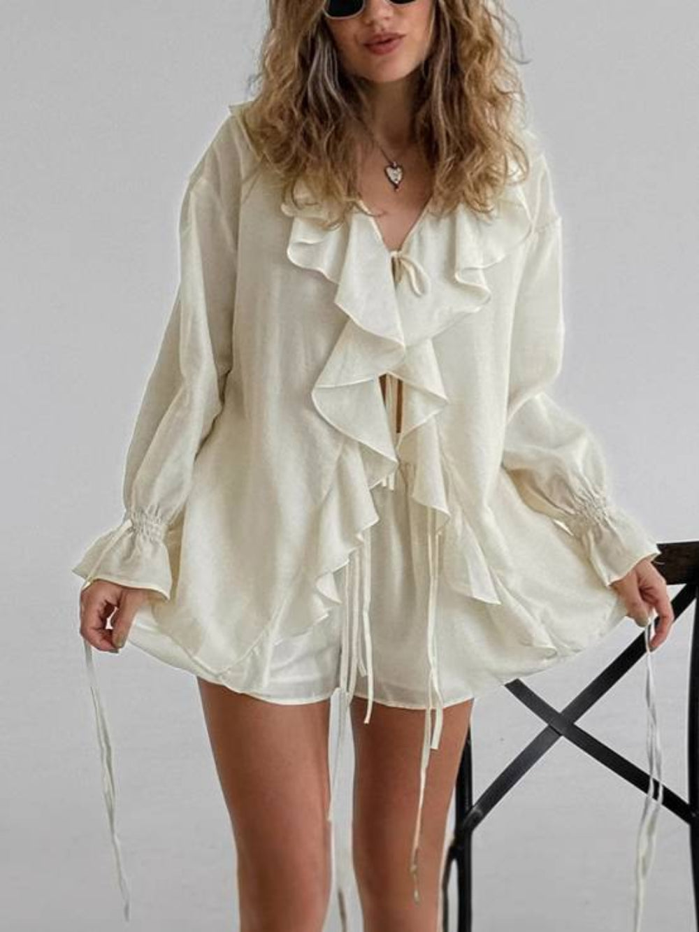 Ruffled V-Neck Top & Shorts Set