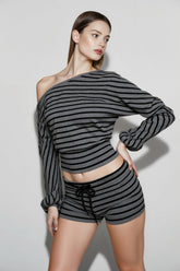 Printed Striped Loose Asymmetric Shoulder Blouse