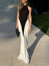 Sexy Fitted Ruched Mermaid Halter Color-Block Bodycon Dress