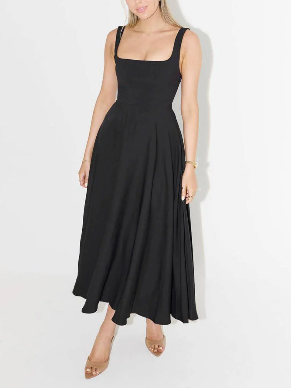 Sling Square Collar Elegant Large Swing Midi Dress