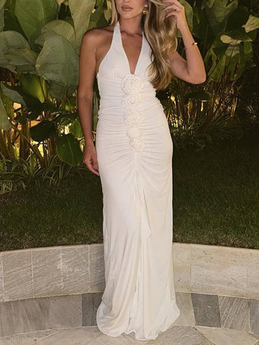 Floral Halter Backless Maxi Dress